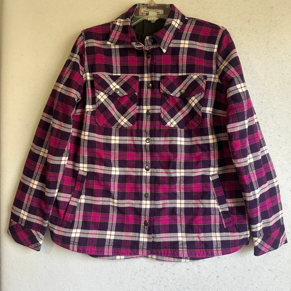Duluth Trading Co Folklore Flannel Shirt Jacket‎ Purple Pink Plaid Womens Medium